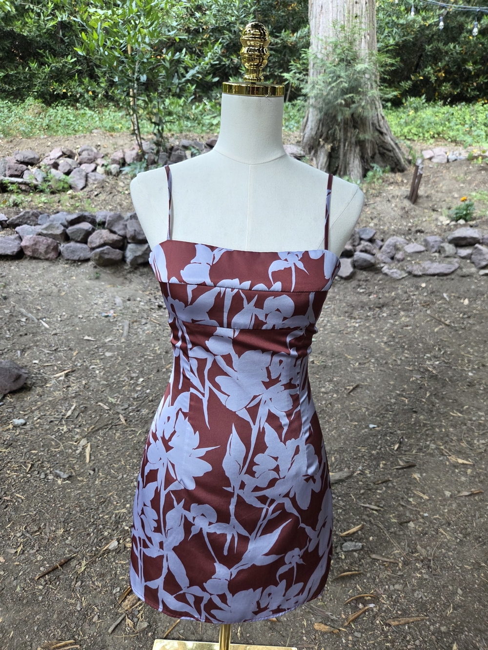 Tiger Mist Floral Satin Spaghetti-Strap Mini Dress in Mauve and Lilac Size XS